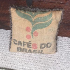 Handmade pillow. Coffee sack and faux fur